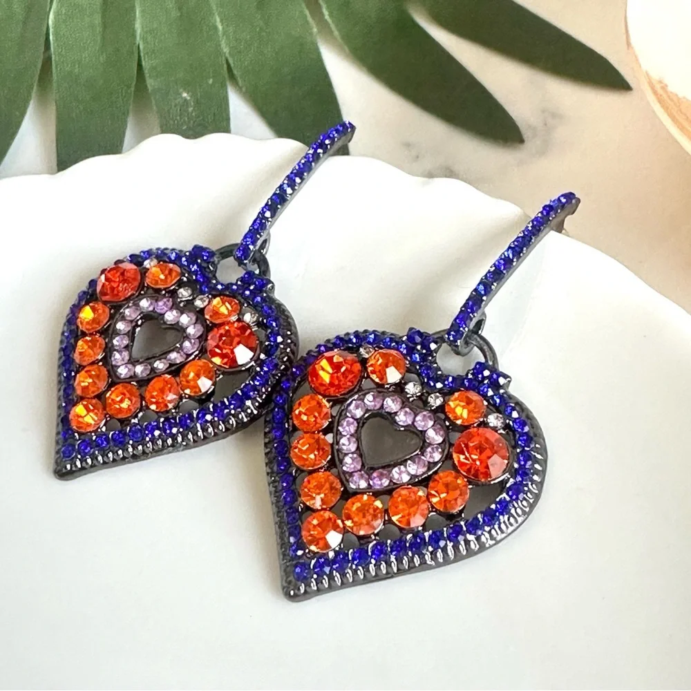 2/$30🌵 Rhinestone Heart Earrings Blue Orange Pink Sparkle Jewelry Gift Boho NEW